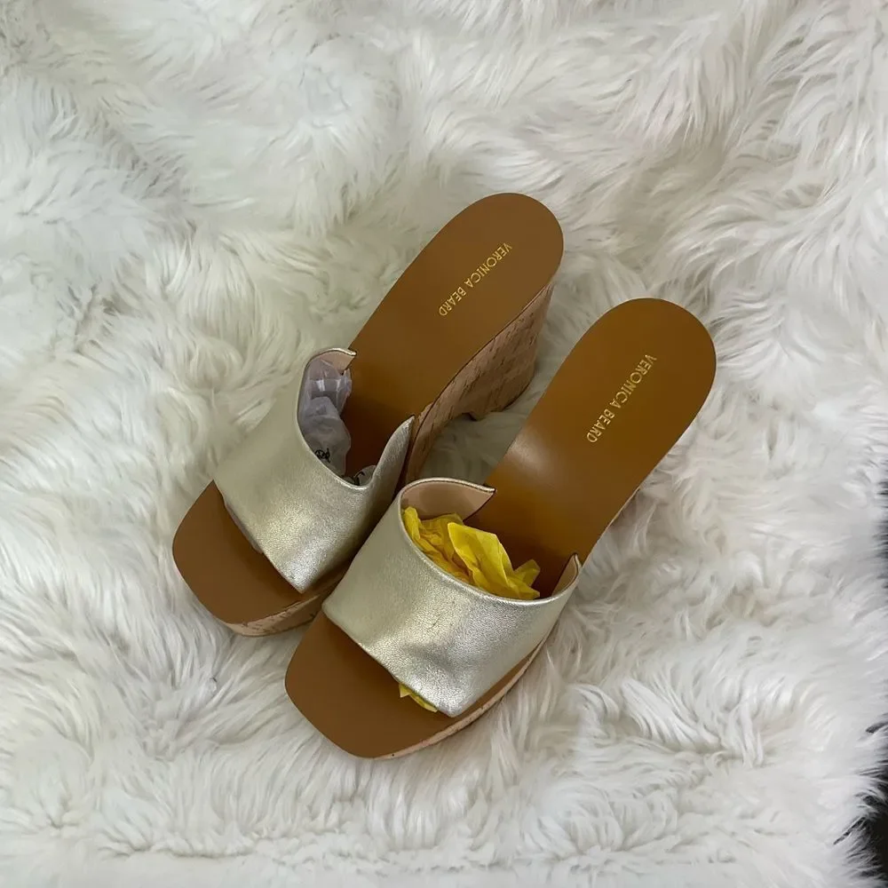 NEW Veronica Beard Gold Paulita Metallic Leather Wedge Sandals Size 10 M
